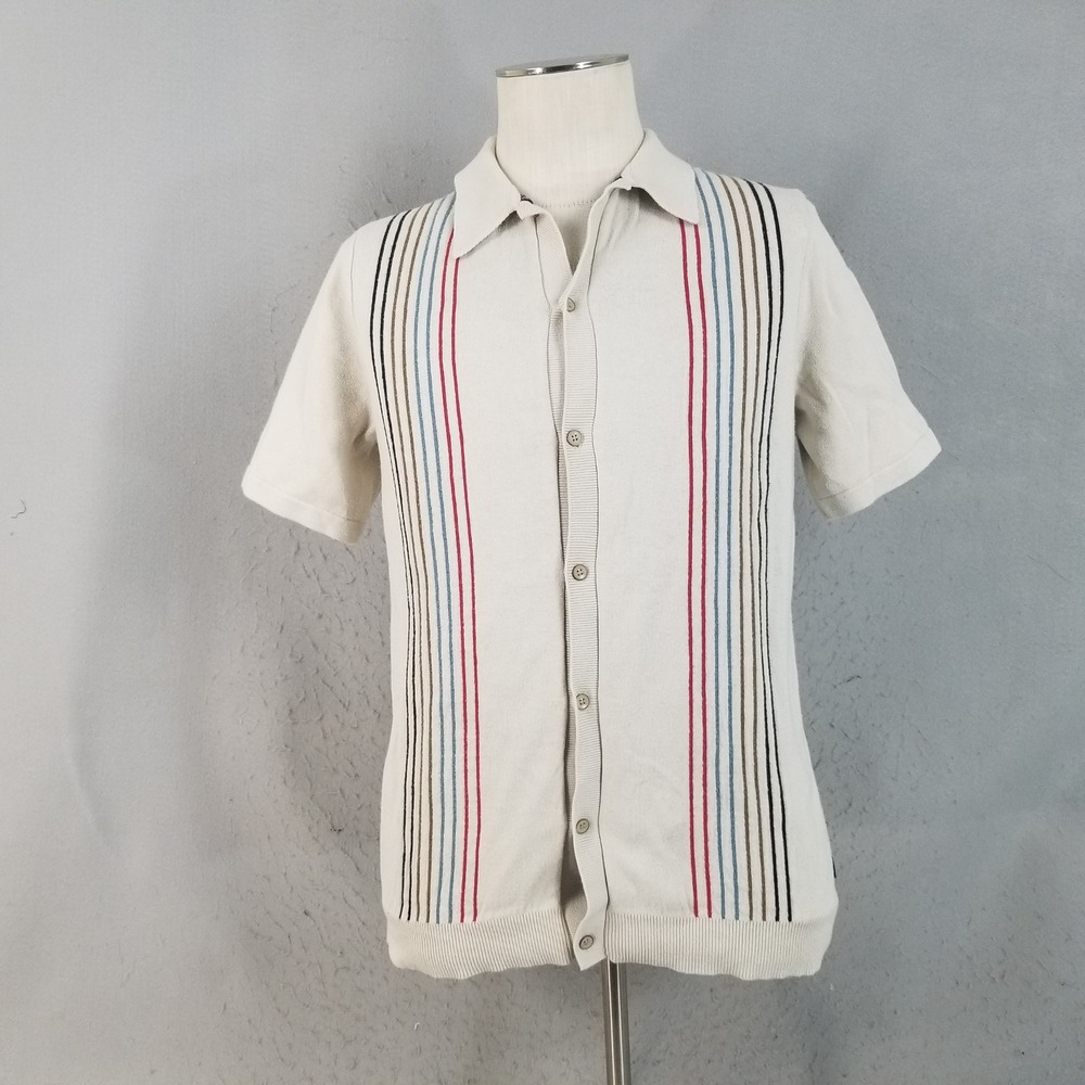 Vans Polo Shirt Mens Small Cream Stripe Heavy Cotton Knit Button Up Sweater